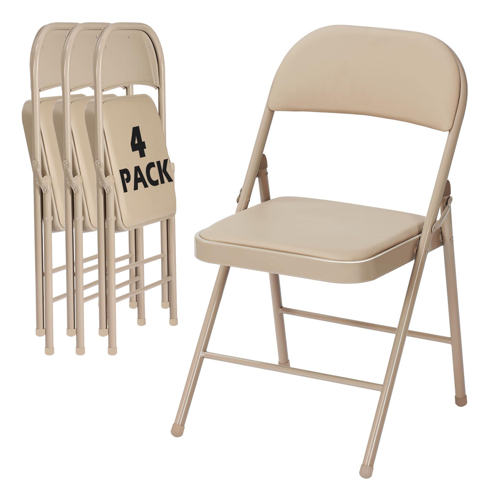 4 Pack Khaki Padded Folding Chairs with Metal Frame