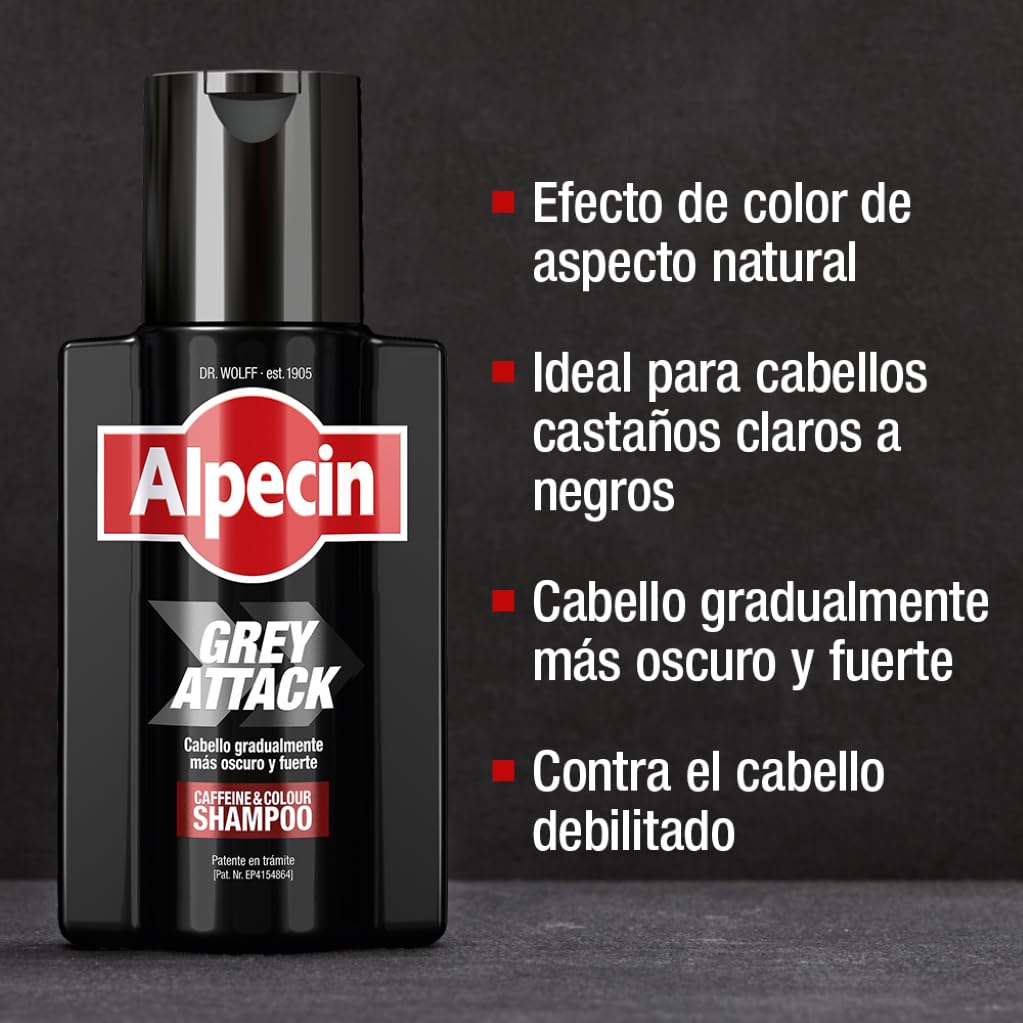 Alpecin Grey Attack Caffeine & Colour Shampoo for Men 2x 200ml | Cabello gradualmente más oscuro y fuerte | Efecto de color controlado y de aspecto natural con menos canas