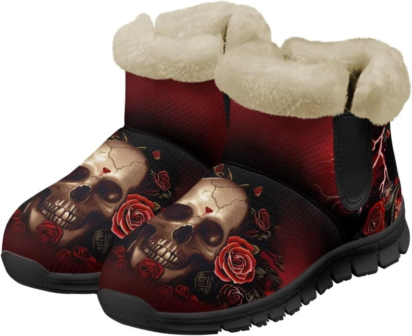 Jeiento Skull Womens Snow Boots Fuzzy Thickening Shoes Rose Lightweight Cozy Slip On Winter Shoes