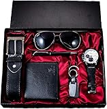 Premium 6pcs/Set Men's Gift Set Beautifully Packaged Watch+Glasses Belt Wallet Pen Keyring Male Creative Fashion Men's Gift Set, Brown Leather Perfect Present for him Gift for Men (Black)
