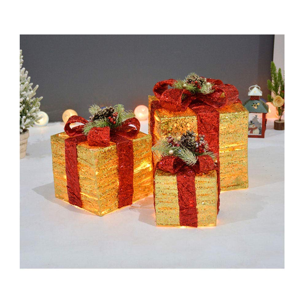 Cajas de regalo para Navidad, Juego de 3 cajas de regalo LED con iluminación navideña, juego de paquetes navideños de color hierro decorativo(Gold)
