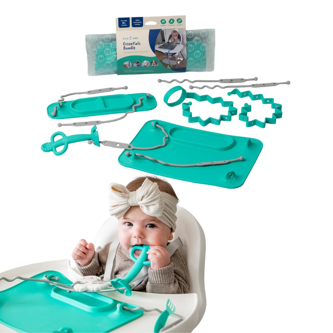 Busy Baby Essentials Bundle Starter-Set für neue Eltern (Spearmint) | Platzset mit Saugnapf, Mini-Matte, Beißringlöffel, Spielzeug-Bungee, Flaschen-Bungee, 6 Haltegurte, Nassbeutel