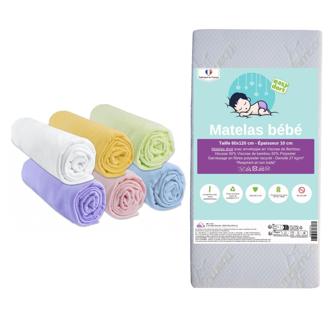 Easy dort Kit de linge bébé Sábana Bajera para bebé, Algodón, Multicolor/colchón, 60x120 MATELAS + 6 DRAPS + 2 ALESES, 9 Unidades