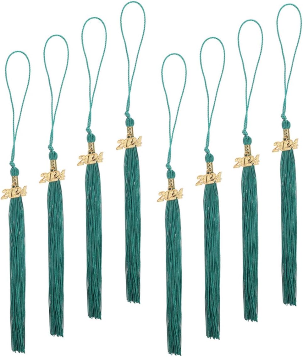 8pcs 2024 Polyester Graduation Cap Tassels Green Hanging Ornaments Academic Ceremony Accessories for Graduate Hats