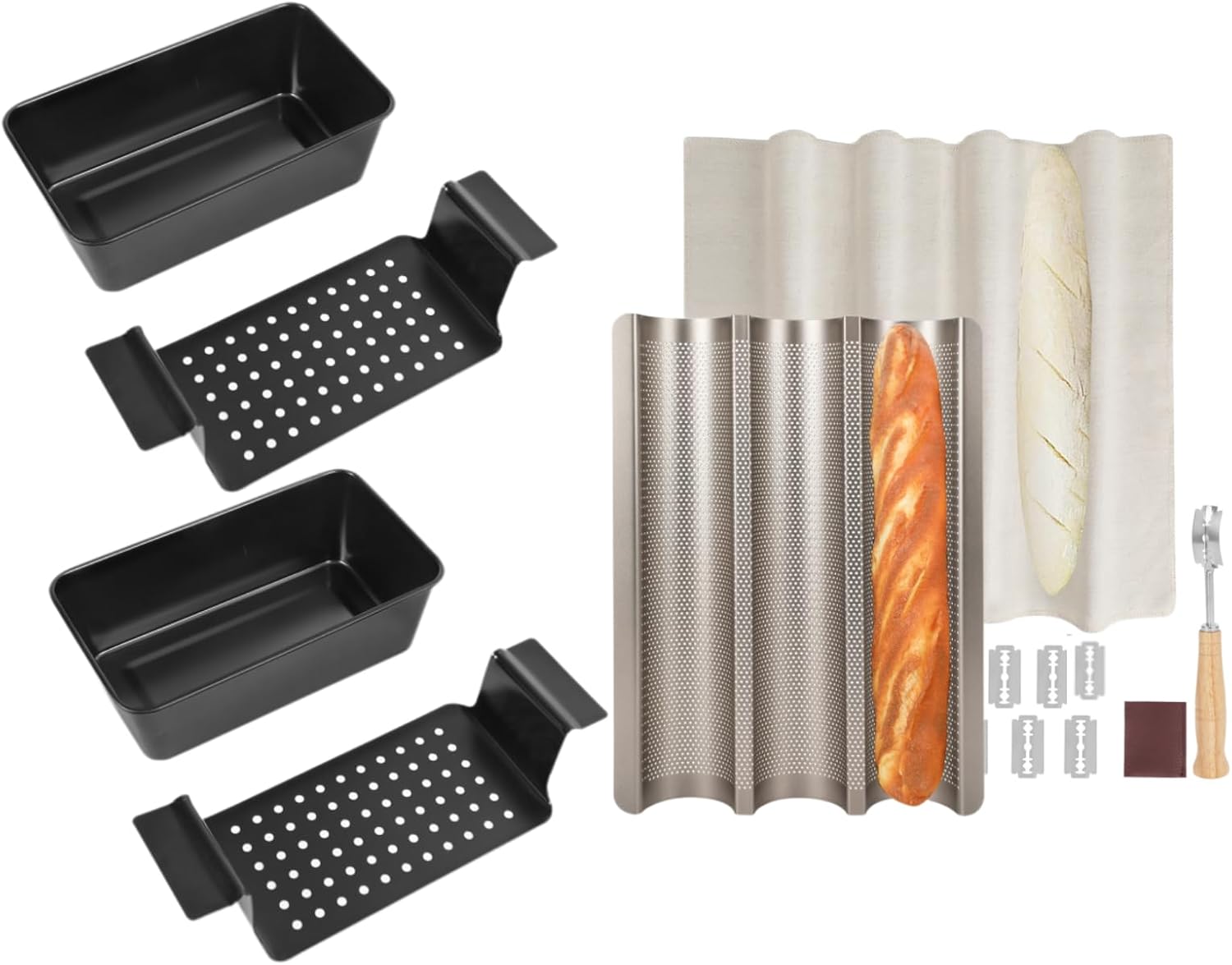 Baguette Bread Pan, Meatloaf Pan with Drain Tray, Nonstick French Bread Baking Pan for Toaster Oven, Holiday Gifts for Home Bakers, Set of 3