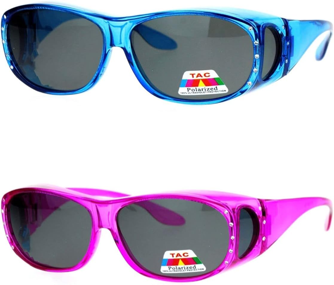 2 Pair Womens Rhinestone Anti Glare Polarized Fit Over Glasses Sunglasses Oval Rectangular