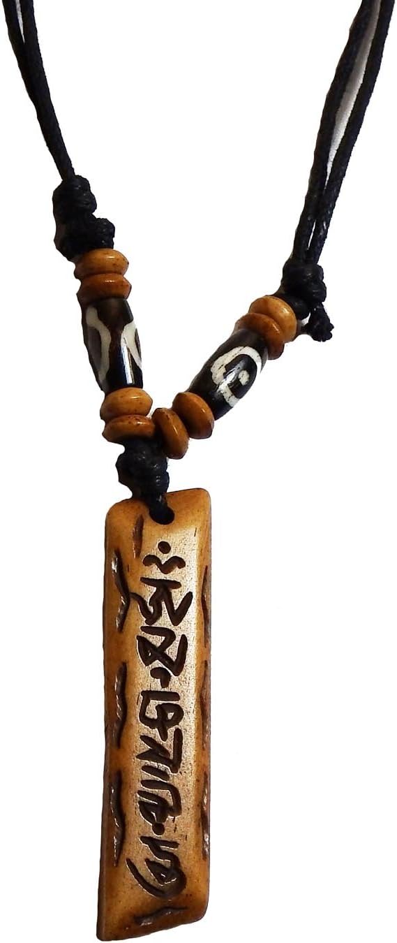 Tibetan Adjustable Handmade Necklace Amulet Embossed with Tibetan Mantras and Symbol Wood Color