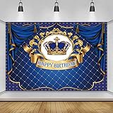 CSFOTO Polyester Happy Birthday Banner Royal Blue Gold Sign Poster for Men Birthday Party Decorations Banner Blue Curtain Crown Birthday Party Supplies 6x3.6ft