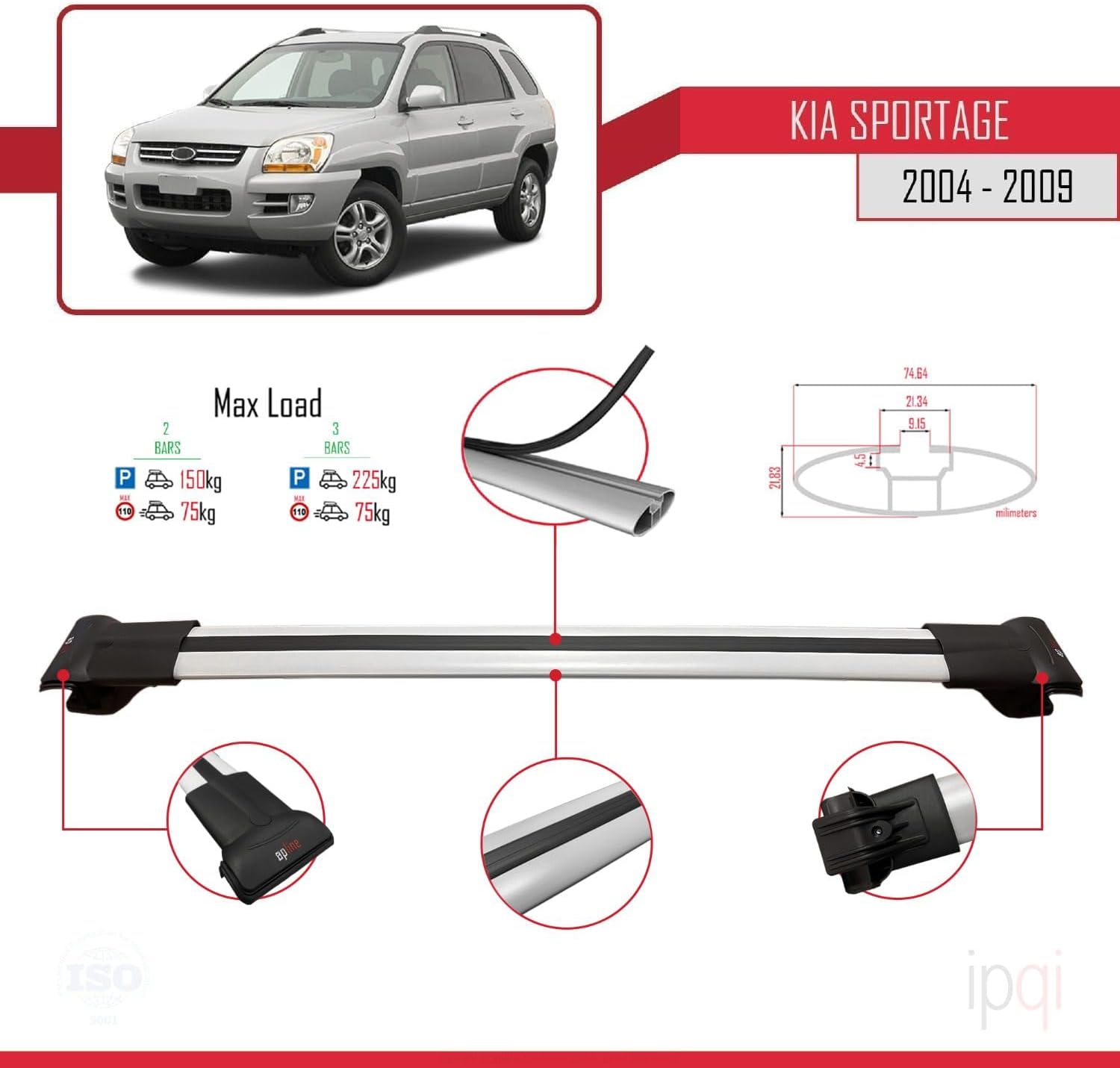 RE&AR Tuning Cross Bar Compatible for Kia Sportage 2004-2009 Roof Racks Car Top Luggage Carrier Rails Alu Gray