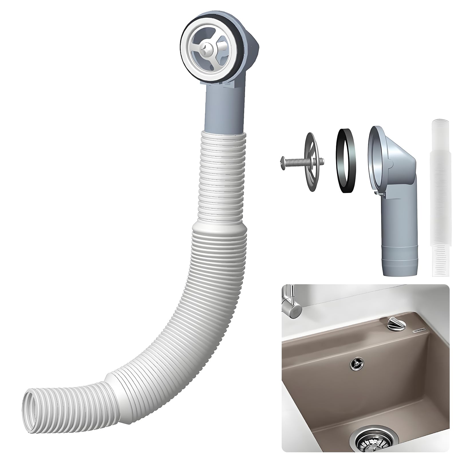 Kitchen Sink Overflow Pipe Kit, Flexible Waste Tube, Round Sink Overflow Ring & Cover, 21mm Interface for Bathroom Basin & Wash Stand, Easy Install Plumbing Replacement
