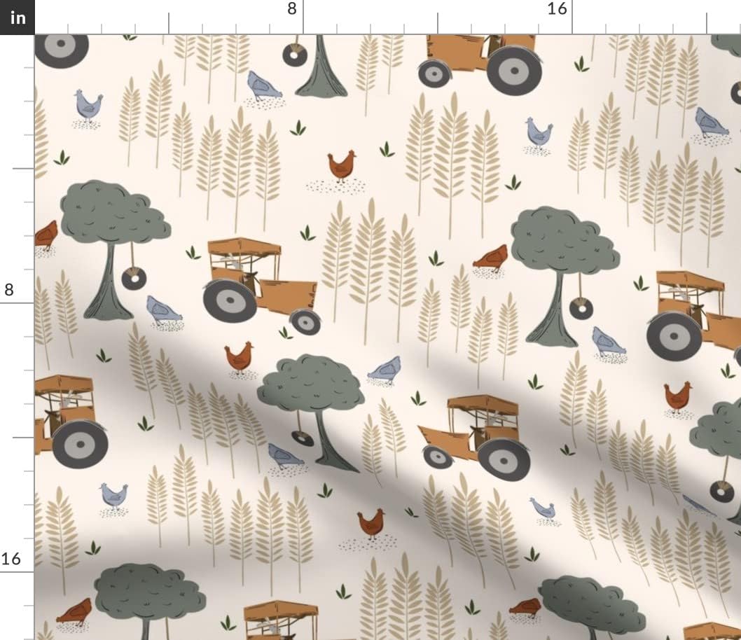 Spoonflower Fabric - Tractor Baby Boy Neutral Chickens Mustard Yellow Rabbits Bunnies Birds Printed on Petal Signature Cotton Fabric Fat Quarter - Sewing Quilting Apparel Crafts Decor
