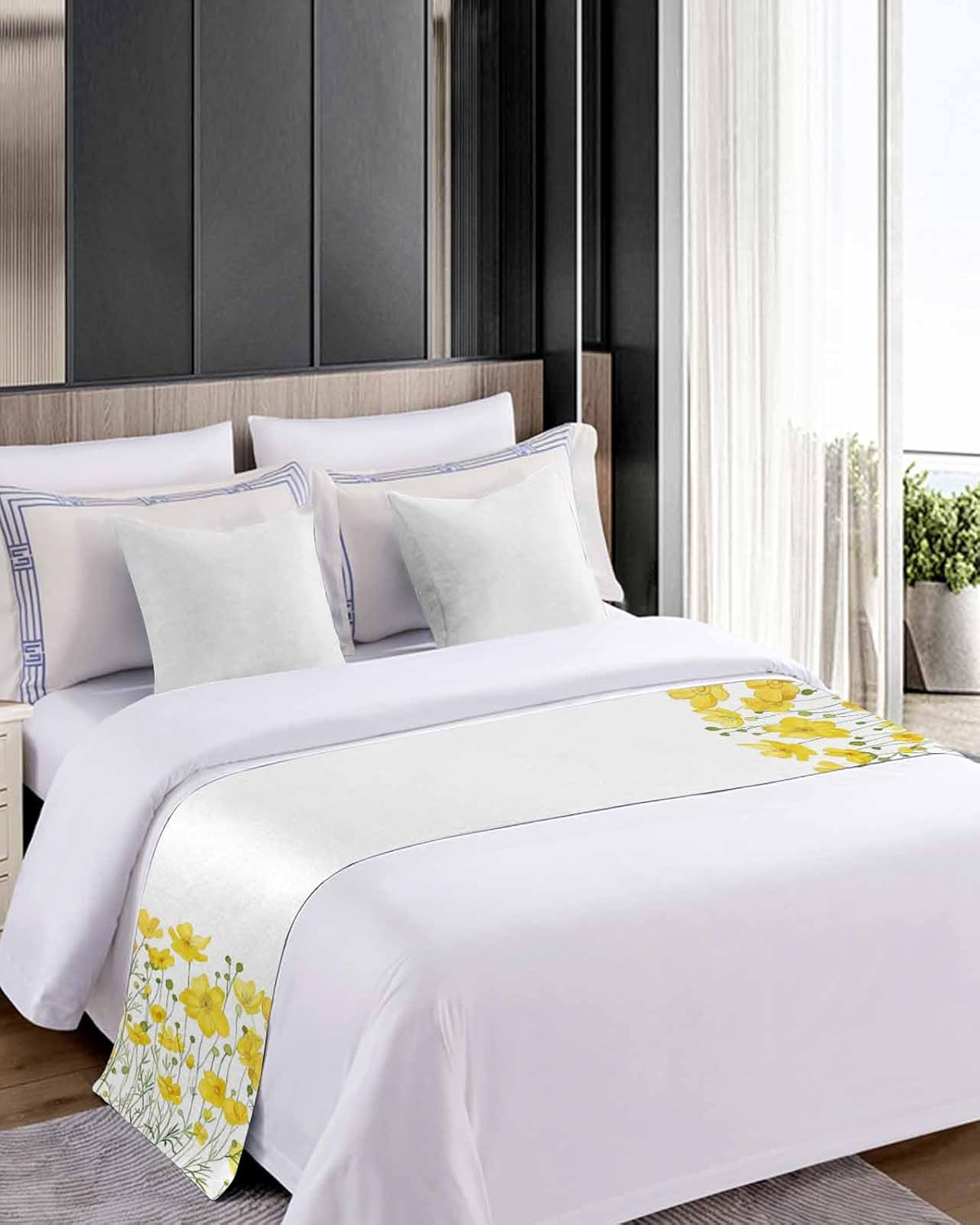 Yellow White Floral Bed Runner Scarf Bedding Accessory for Twin Size Bed,Soft Bed Scarves and Runners Stainproof Bedroom Decor for Hotel Wedding Room,Pastoral Minimalist Botanical Flower Leaf 71"x20"