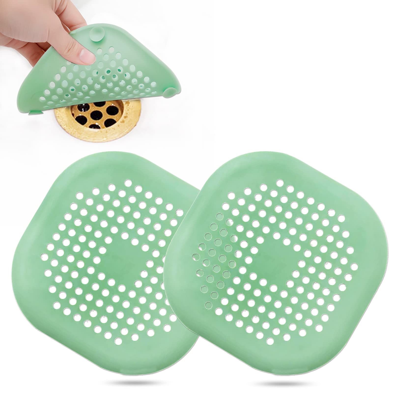 Hair Drain Catcher,Square Drain Cover for Shower Silicone Hair Stopper with Suction Cup,Easy to Install Suit for Bathroom,Bathtub,Kitchen 2 Pack (Green)