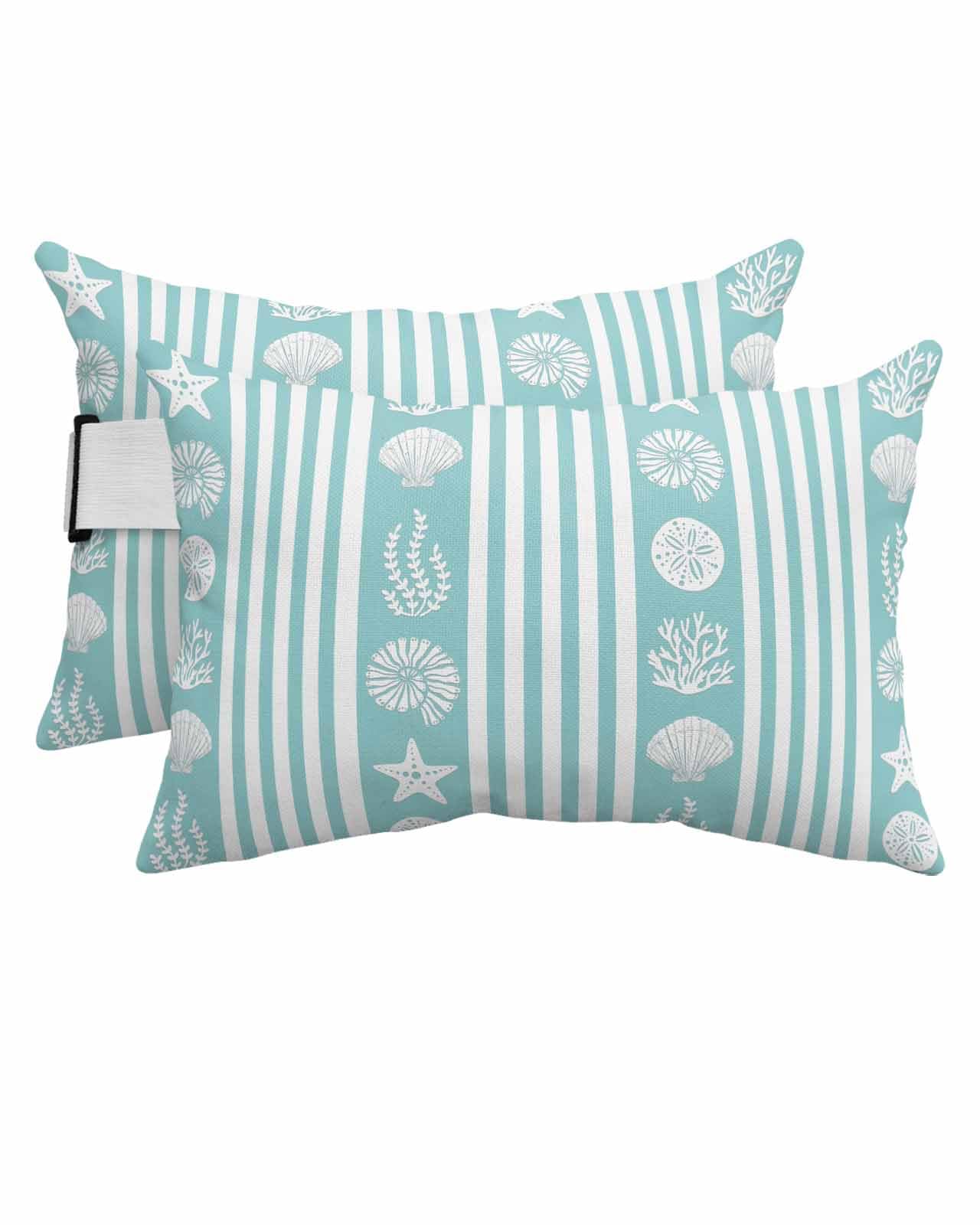 Turquoise Coastal Outdoor Beach Pool Lounge Chair Head Throw Pillow Covers 12x20 With Insert And Elastic Stripe Set of 2,Lumbar Cushion Pillow Cases,Starfish Shells Jellyfish Coral Geometric Striped