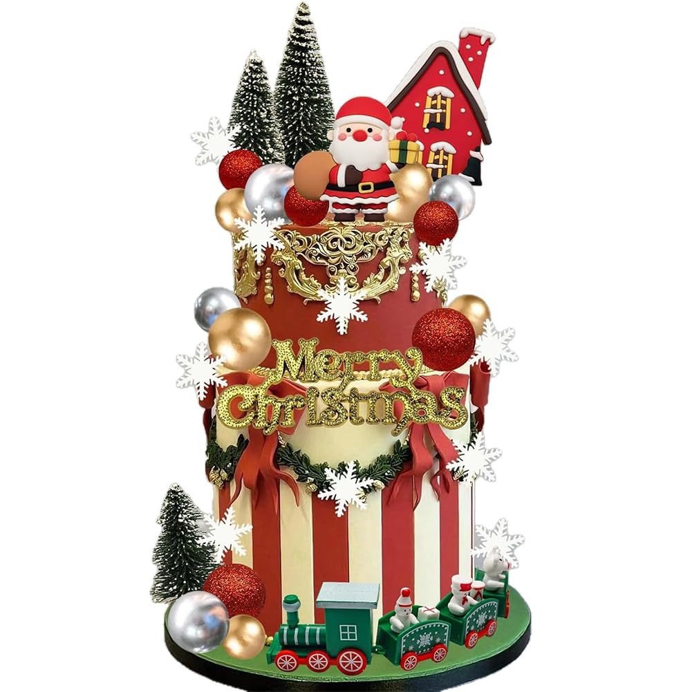 32PCS Christmas Cake Topper,Merry Christmas Cupcake Decorations with Craft Tree Santa Snowflake Train Xmas Party Miniature Ornaments,Christmas Cake Picks for Santa Theme Holiday Party Supplies