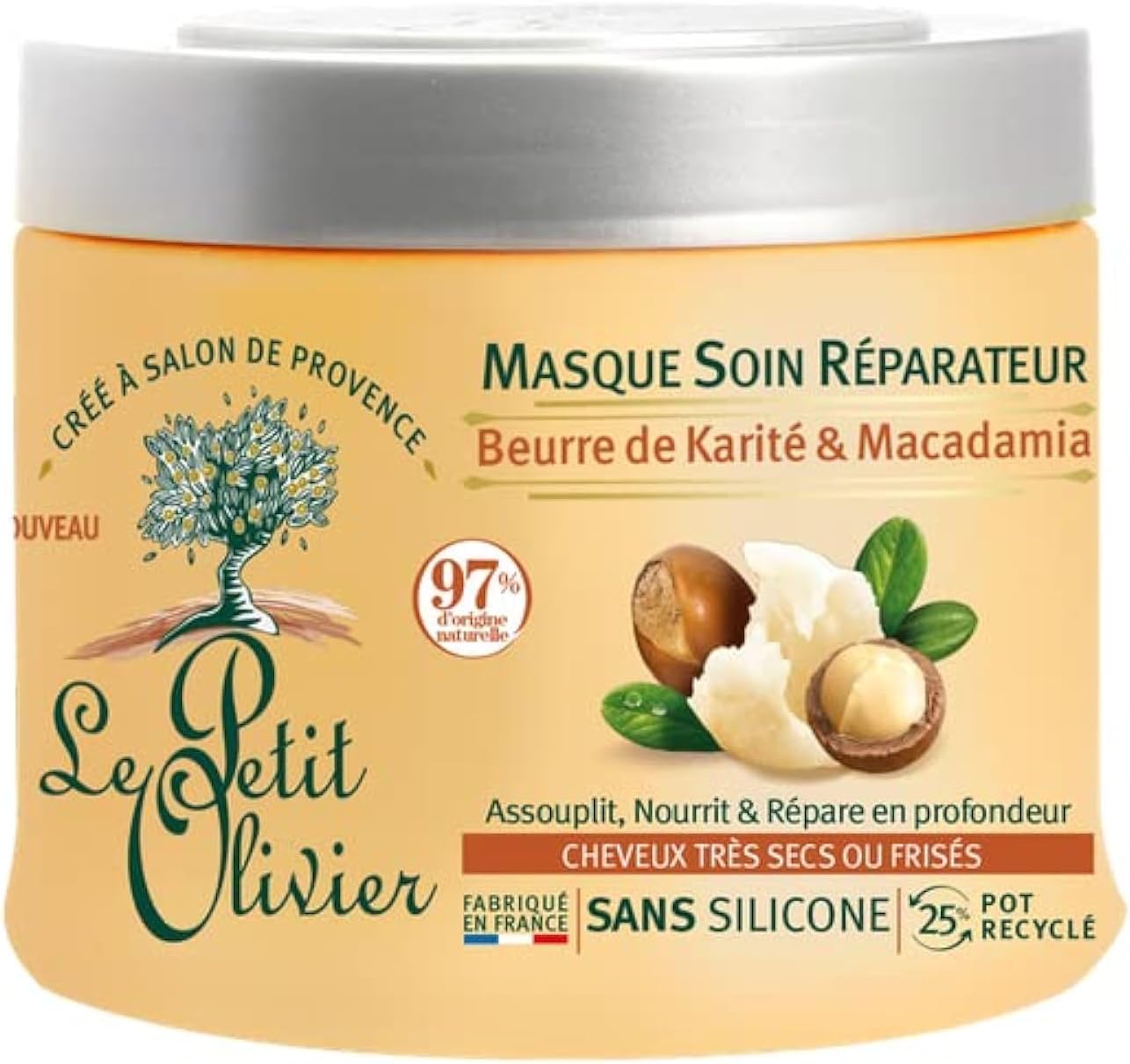 LE PETIT OLIVIER – Masque Soin Réparateur – Karité & Macadamia – Assouplit, Nourrit & Répare En Profondeur – Cheveux Secs Ou Frisés – Sans Silicone – Fabriqué en France – 330 ml