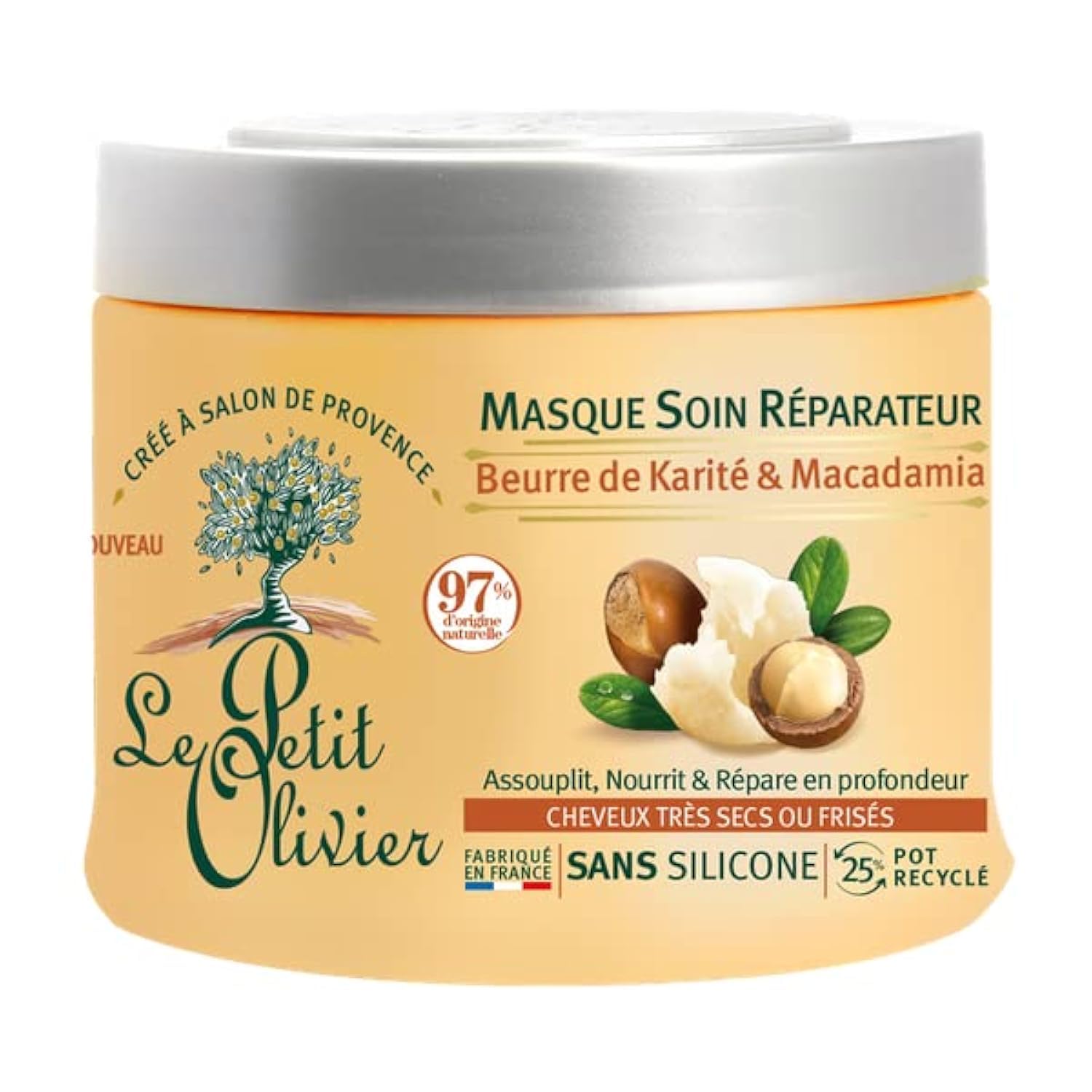 LE PETIT OLIVIER - Masque Soin Réparateur - Karité & Macadamia - Assouplit, Nourrit & Répare en Profondeur - Cheveux Secs ou Frisés - Sans Silicone - Fabriqué en France - 330 ml