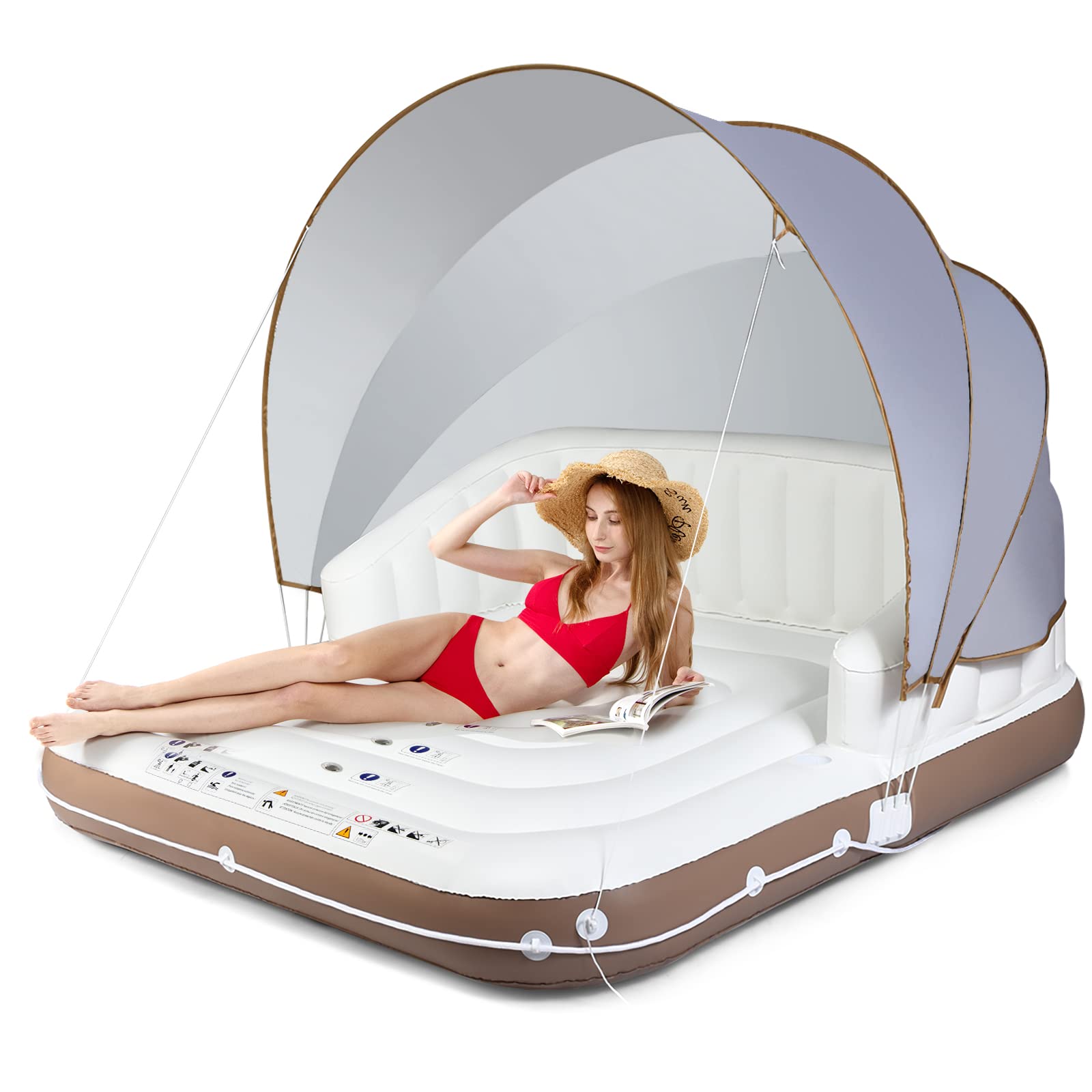 COSTWAY Isla Hinchable con Toldo para 2 Adultos, Toldo Retráctil y Removible, 2 Portavasos, Flotador de Piscina Interior y Exterior con Protección UPF50+, Soporta hasta 200 kg