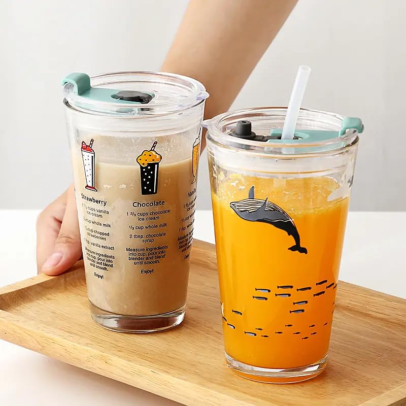 Image of ANKUL Set of 2 Printed Glass Tumblers with Lid and Straw - 350 ml Reusable Smoothie & Water Glasses - Cold Drink Cups (Random Design) (2, Patiyala)