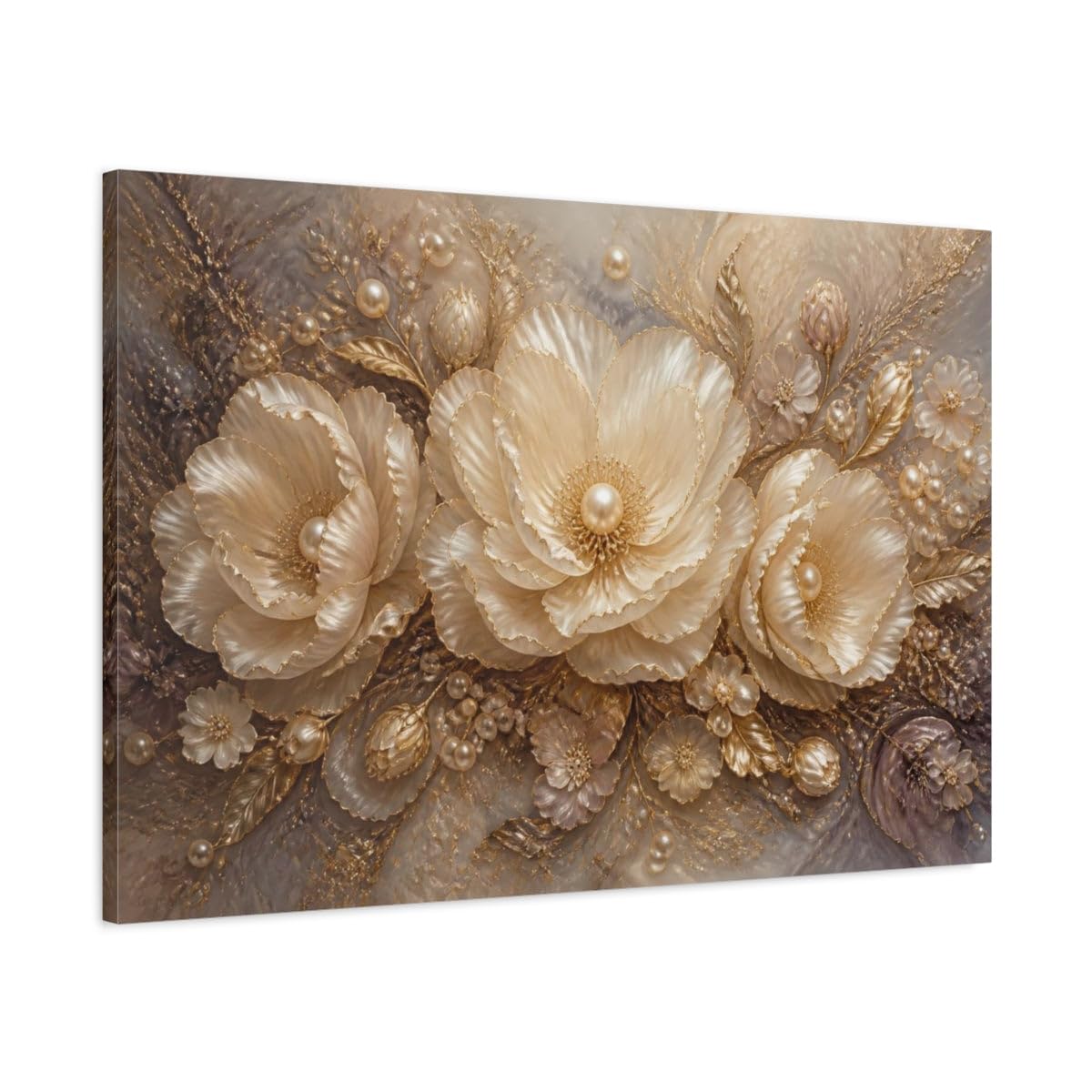 Pearl Gold Floral Elegance Canvas Print Wall Art – Living Room Decor, Above Sofa 36×24 inch (90×60 cm) - Horizontal / 1.25 inch (3 cm)