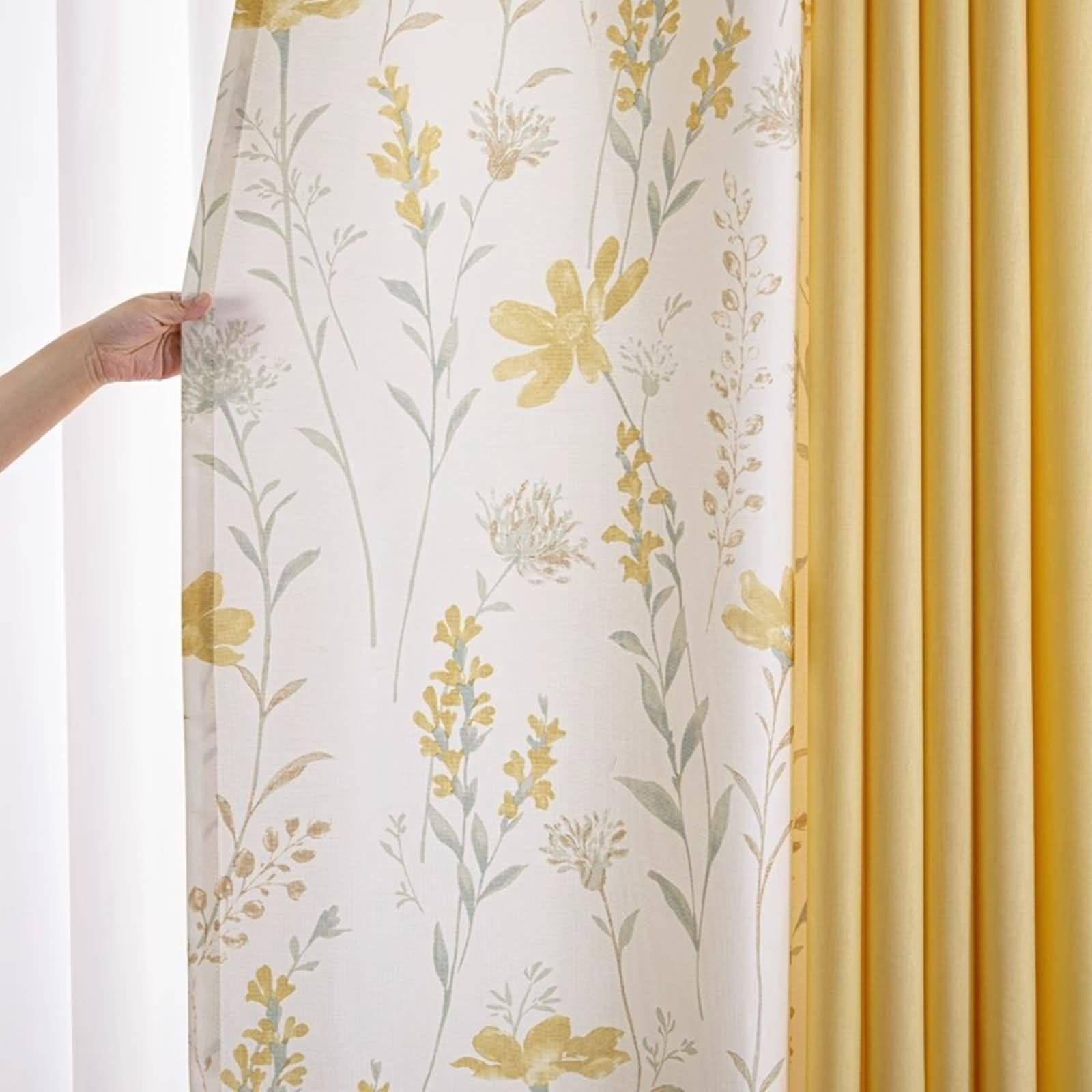 Rideau de Cuisine, Rideaux d'Extérieur Terrasse Beige Blanc Jaune Motif de Fleurs et de Feuilles avec Assemblage Polyester Lot de 2 132W x 214L cm