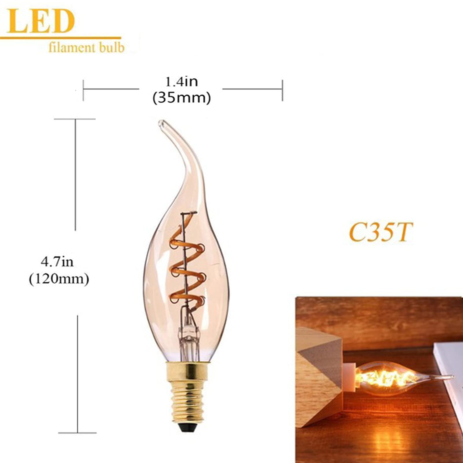 Paquete 6 bombillas LED Edison vintage regulables E12 3 W, equivalente a 30 W, 360 grados; Bombilla filamento LED espiral ahorro energía con ángulo haz C35T,
