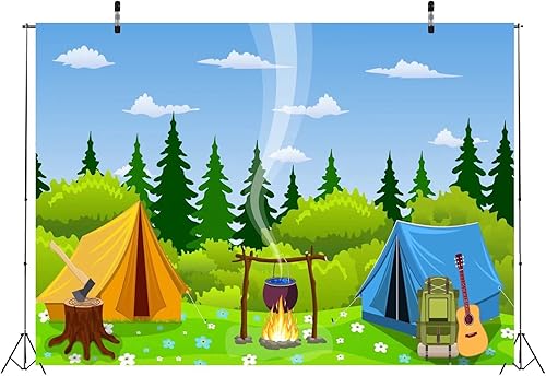 Miniatura 4 de BELECO Telón de fondo de campamento de 12 x 8 pies, tela de dibujos animados, escena del bosque, fogata, tienda de campaña, tienda de campaña para