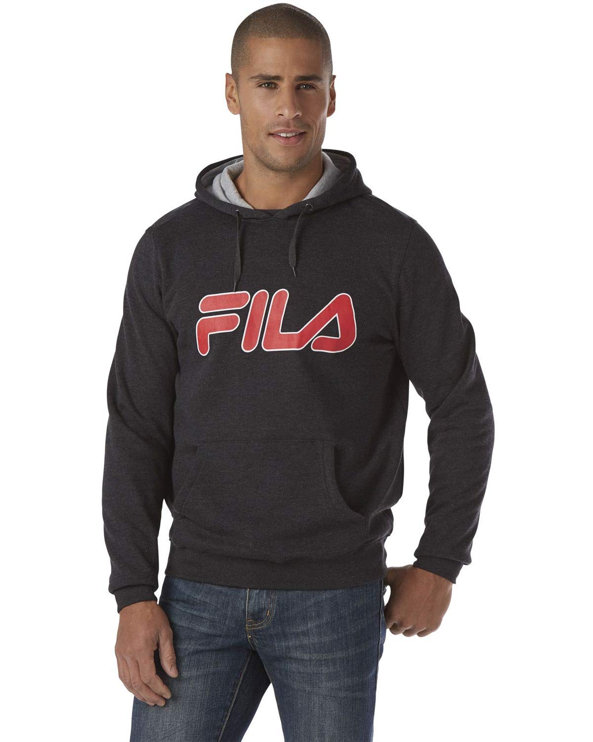 Fila Men's Filled Outline Graphic Logo Front Pocket Heavy Fleece Hoodie Blk H M, Black Heather, M