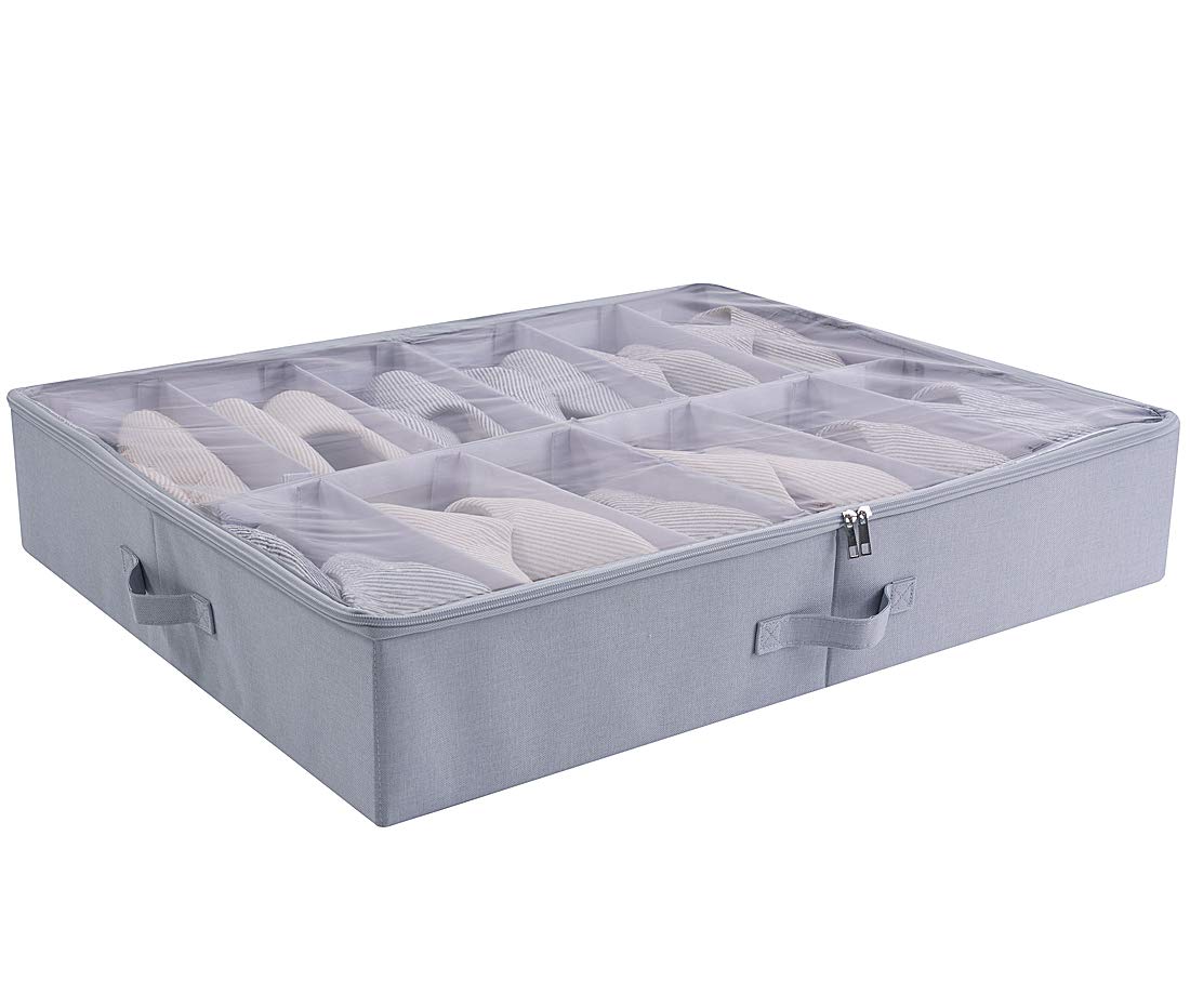 iwill CREATE PRO Folding Under Bed Shoe Storage Organizer Box with Adjustable Dividers, Zip Visible Lid. Light Gray
