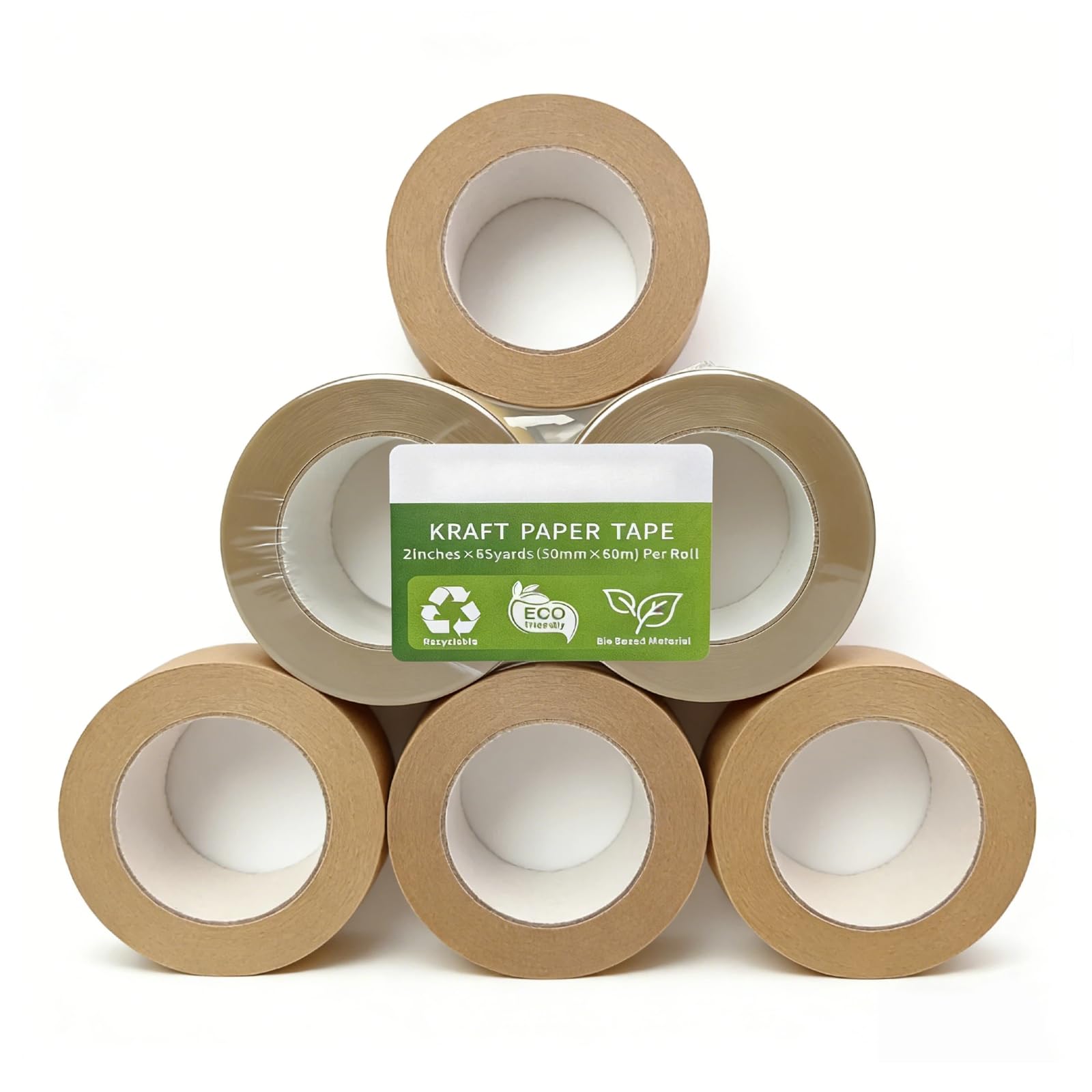 Hijelyn Eco-Friendly Brown Paper Packing Tape 66 Yards x 6 Rolls Recyclable Kraft Packaging Tape for Moving Shipping Mailing, Odorless and Quiet Box &