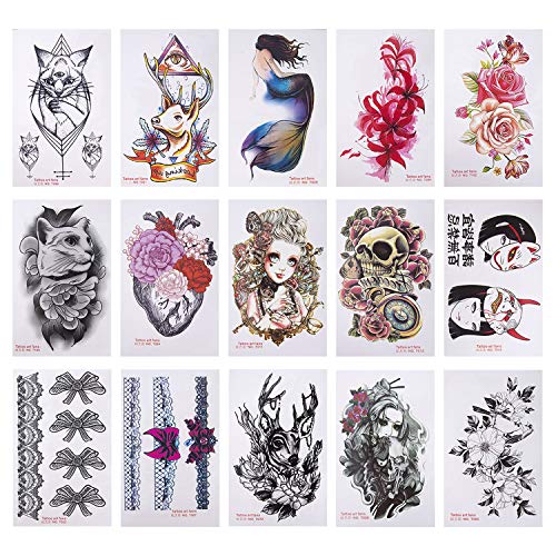 HUOB 15 Sheets Large Temporary Tattoos Body Tattoo Sticker for Women Girl for Arms Legs Shoulder or Back