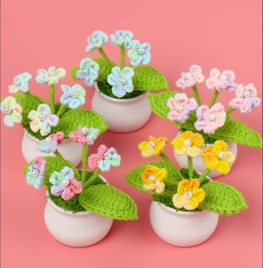Image of VRB Dec Plastic TM 1 Pcs Crochet Flowers Artificial Sunflower for Office Desk Car Dashboard Decor,Home Decoration, Office, Bedroom, Christmas Decor, Wedding (Small Gradient Mix Daisy with Pot)