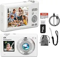 Câmera Digital,Fotográfica 48MP 4K,Câmera Compacta para Vlogs com Tela Dupla, Cartão de 32 GB, Zoom Digital de 16x e Estabilizador de Imagem, Ideal para Iniciantes (Branco)