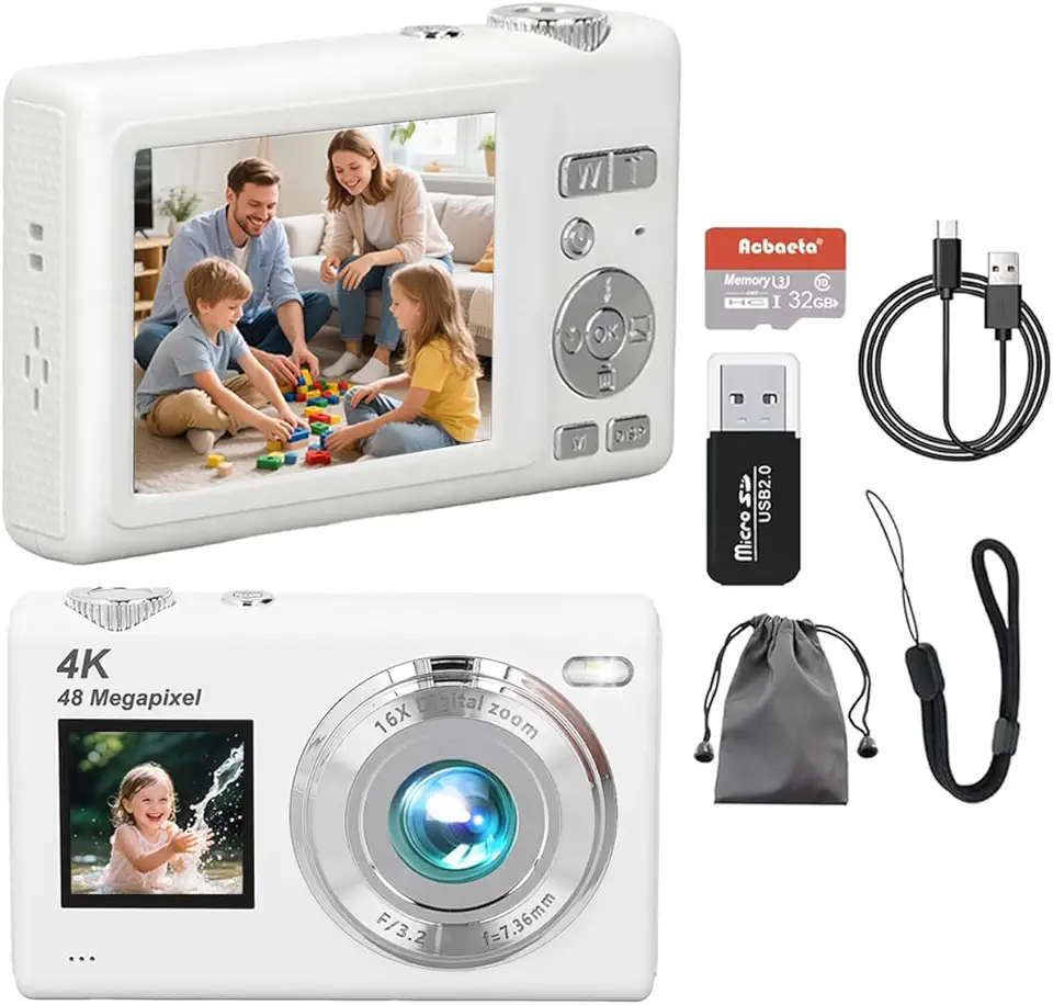Câmera Digital,Fotográfica 48MP 4K,Câmera Compacta para Vlogs com Tela Dupla, Cartão de 32 GB, Zoom Digital de 16x e Estabilizador de Imagem, Ideal para Iniciantes (Branco)