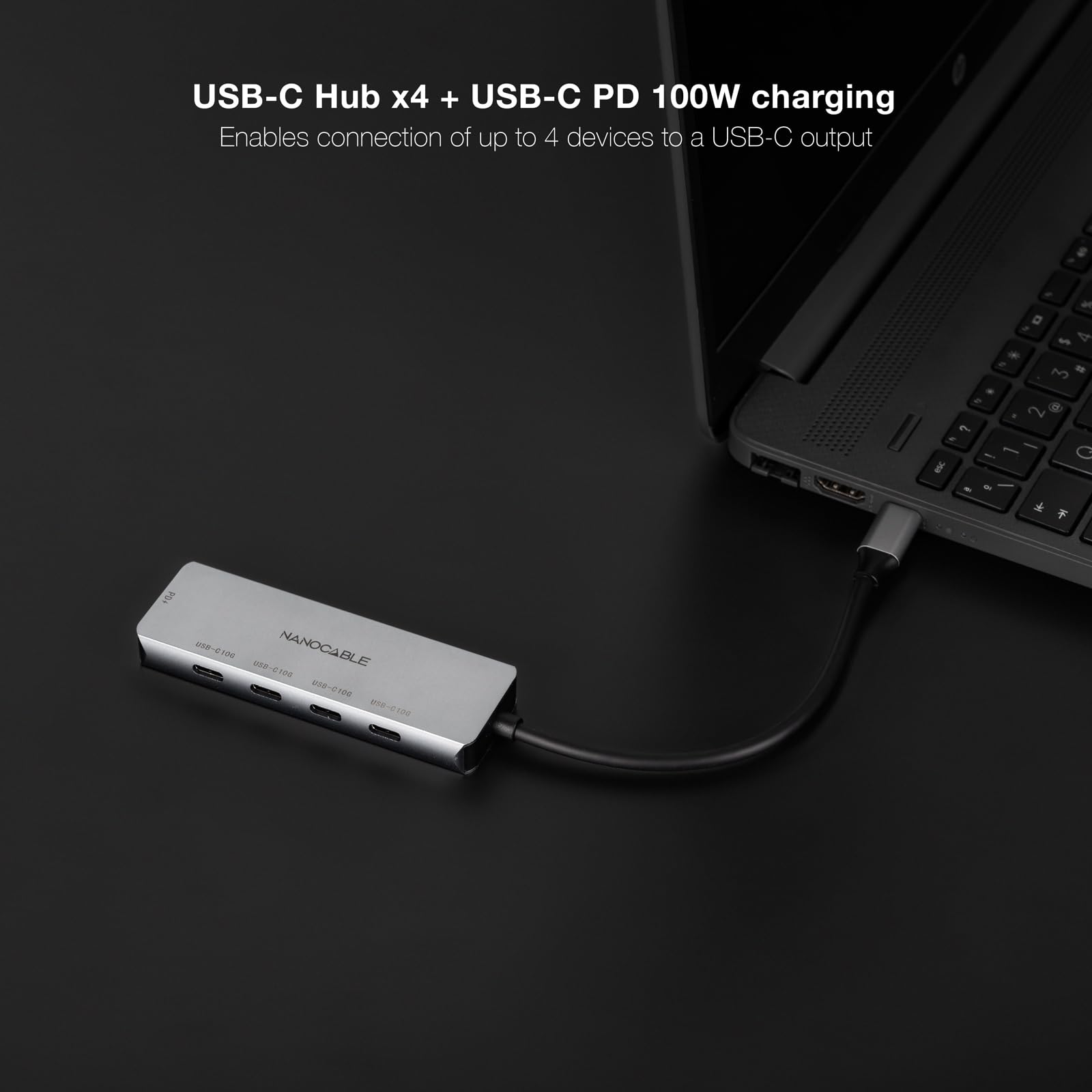 NANOCABLE 10.16.4505 koncentrator USB-C męski na 4 x USB-C żeński + USB-C PD 100 W, aluminium, 10 cm, szary, USB 3.2 Gen 2 x 1, kompatybilny z Windows, MacOS i Linux