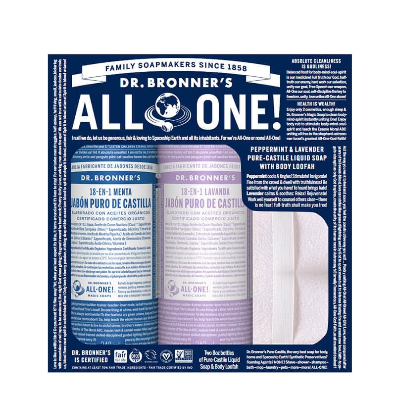 Dr Bronners, Liquid Soap Gift Set Peppermint Lavender Scrub Pad Organic, 16 Ounce