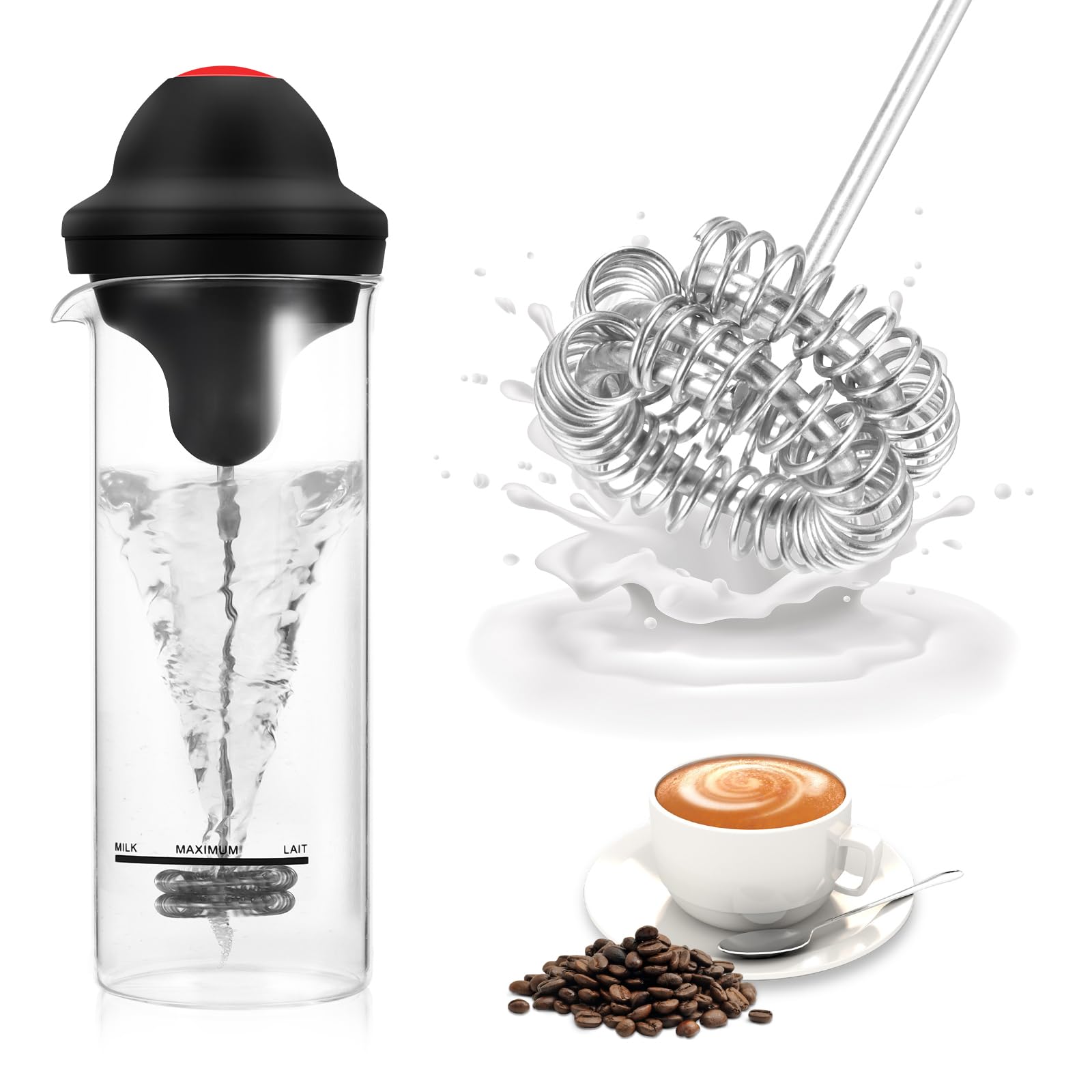 SHANGSKYMilk Frother Handheld with Stand, Milk Frother Battery Operated Coffee Frother for Cappuccino Latte Hot Chocolate, Portable Drink Mixer Electric Whisk Mini Frother with Cup 17 oz