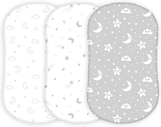 TansyPanda Bassinet Sheets for Halo Bassinest Swivel, Flex, Glide, Premiere and Luxe Series Sleeper, Pack of 3, 33 X 17 Inch, Ultra Soft, Snug Fit, Unisex Boys Girls, Gray White (Moon, Stars, Clouds)