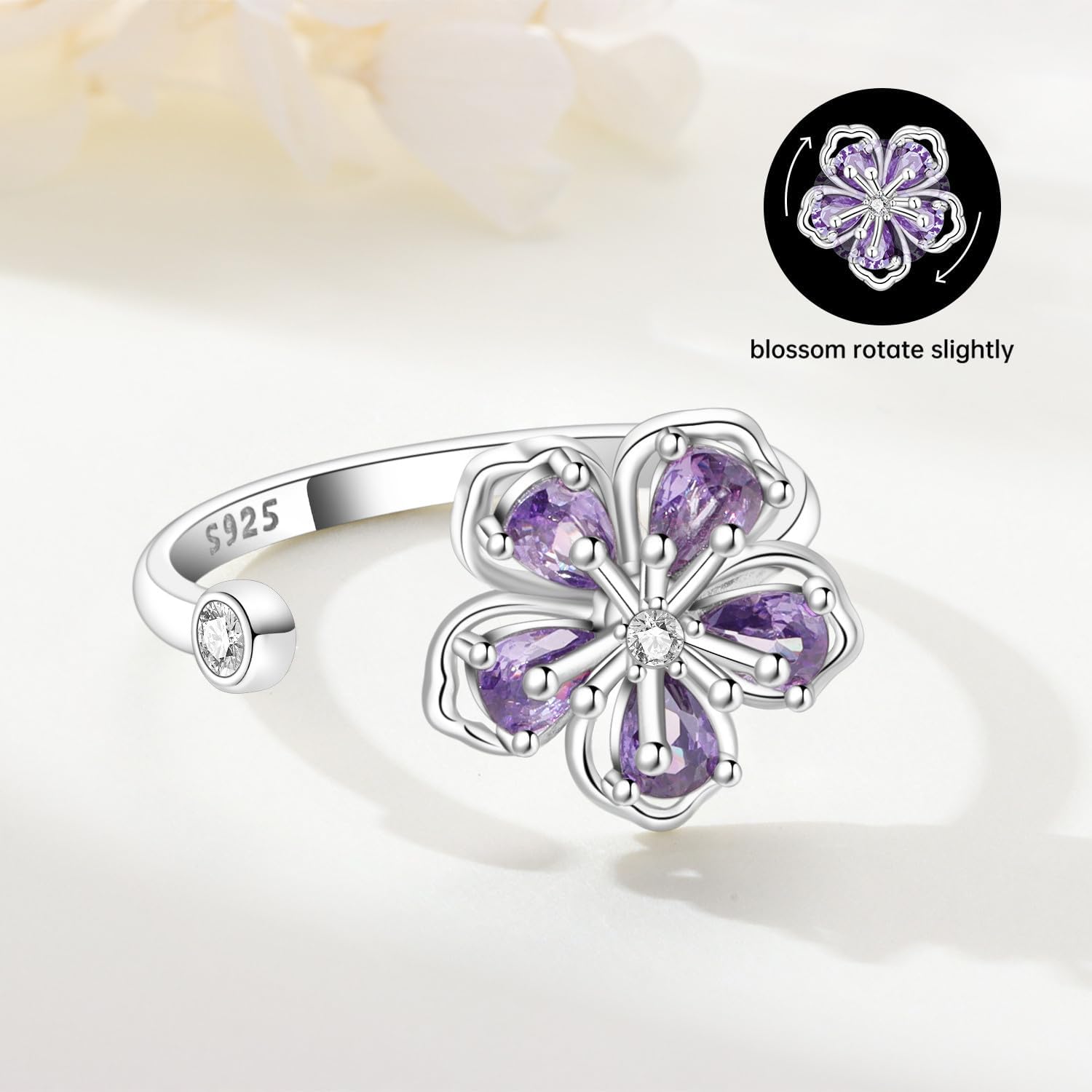 925 Sterling Silver Ring for Women Open Adjustable Ring Personality Stacking Ring Gift Simple Butterfly Flower Ring S925 Sterling Silver Heart Rings Love Birthday Jewelry Gift (Rotatable flower) - Image 2