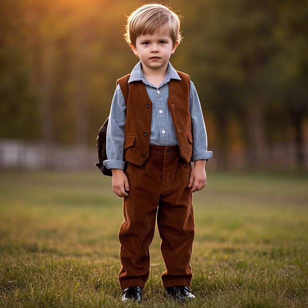 Baby Boy Corduroy Suit Vest Pants Red 2 Pieces Set Formal Cute Slim Fit Stylish Warm Wedding Homecoming Size 3