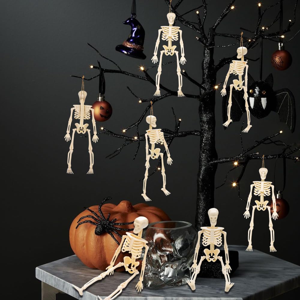8 Mini Squelettes Fluorescents Pour Halloween - Effet Lumineux Vert Après Exposition - Avec Corde De Chanvre 5m - 15x25 Cm - 14