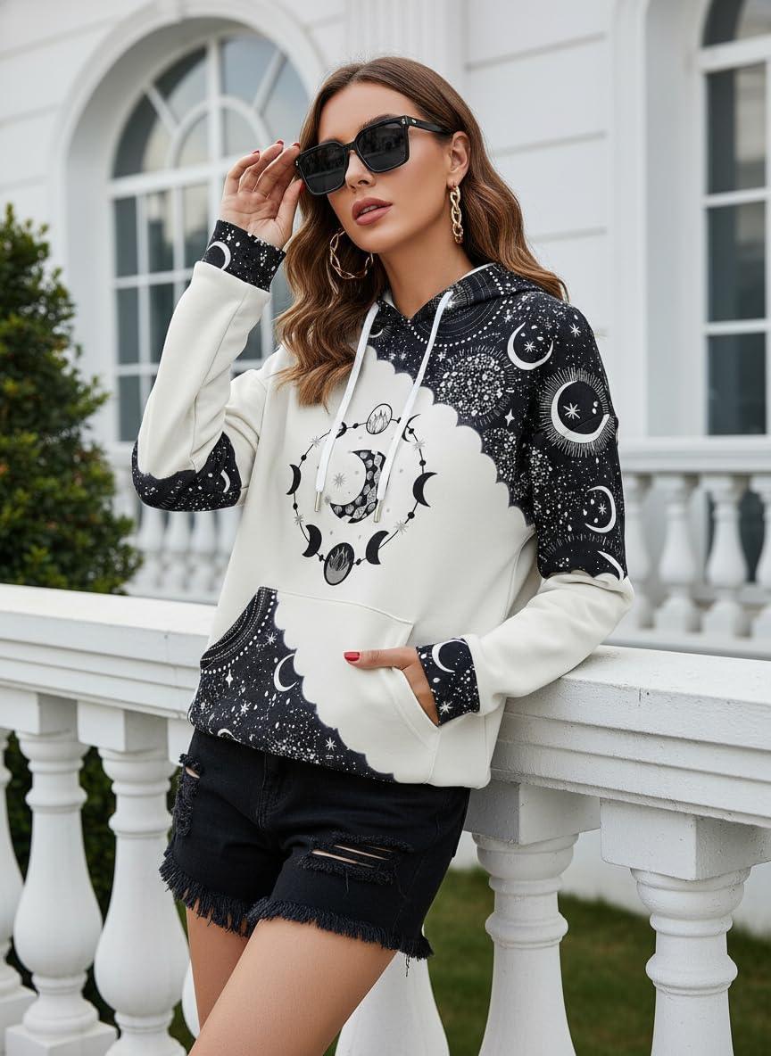 IVERIRMIN Women's Moon Phase Star Print Hoodies Casual Loose Long Sleeve Hooded Sweatshirt Celestial Hoodie with Pocket - Image 5
