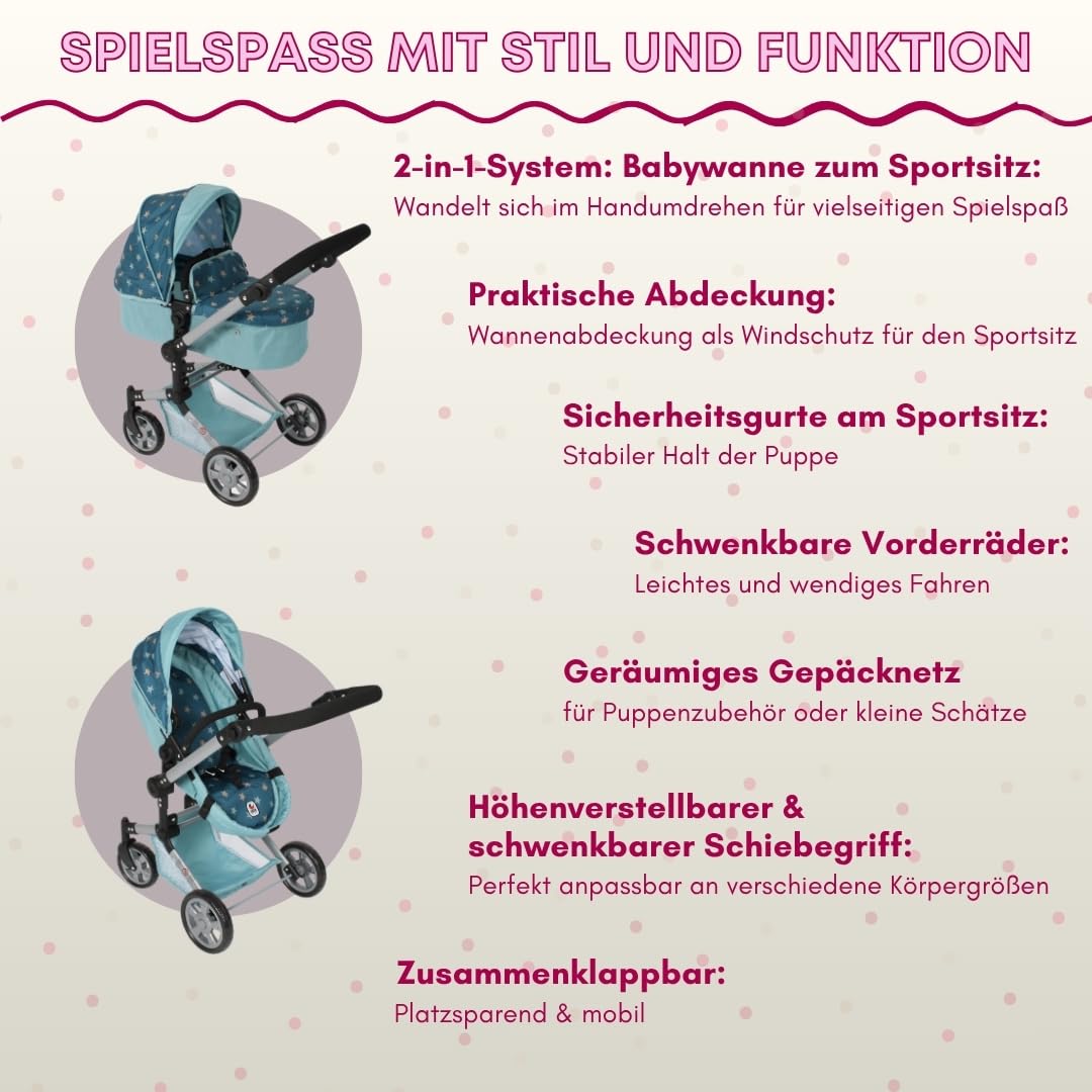 Bayer Chic 2000® 2 w 1 wózek dla lalek Linus - gwiazdka turkusowa - składana, z regulacją wysokości 47-78 cm – lalki do 52 cm, 4-8 J.
