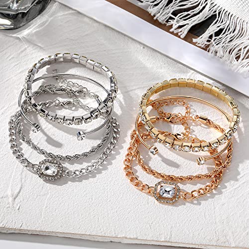 Ifkm Silver Bracelet For Women Girls Dainty 14K Gold Plated Bangle Bracelets Set Adjustable Tennis Cz Twisted Chain Link Bangle Bracelet Layered Charm Jewelry Gift For Anniversary (Silver) #TOP5