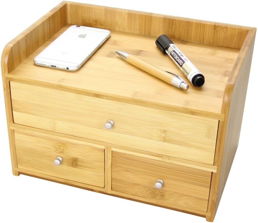 Woodquail Desk Tidy Stationery Organiser with 3 Drawers, Made of Natural Bamboo