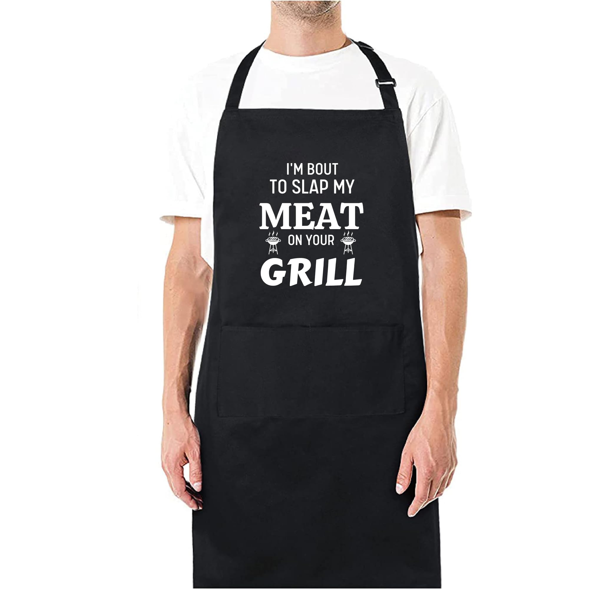 Delantales divertidos con texto en inglés "I'm Bout To Slap My Meat On Your Grill" para mujer, regalo para padre, Navidad, Negro, Taille unique