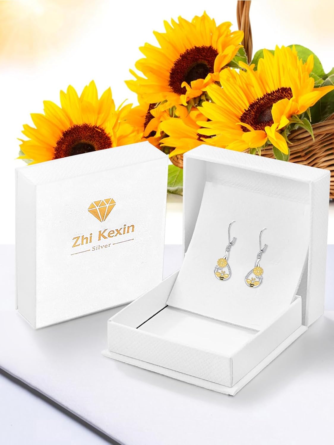 Bee Sunflower Dangle Drop Earrings for Women 925 Sterling Silver Bumble Bees Jewelry Gifts