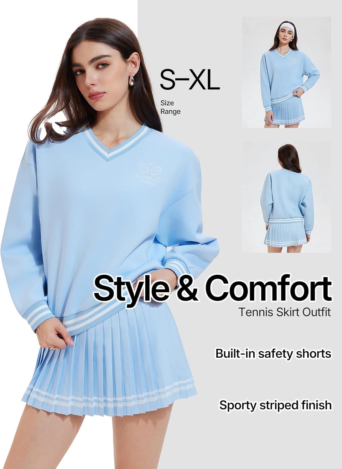 Women's Long Sleeve Tennis Skirt Set 2 Piece Golf Outfit, V-Neck Sweater & Skort with Pockets, Preppy Pickleball Sport Suits - Image 3