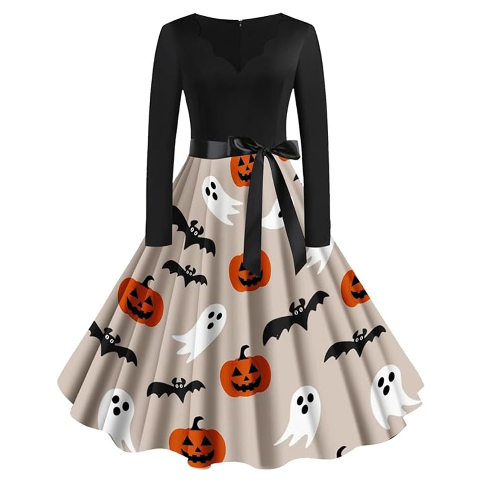 Halloween Costumes Adult Women Retro Pumpkin Skeleton Print V-Neck Long Sleeve A Line Swing Ladies Dress Women's Fashion Black Vintage Skull Witch Rockabilly Party Cocktail Novelty Maxi Dresses