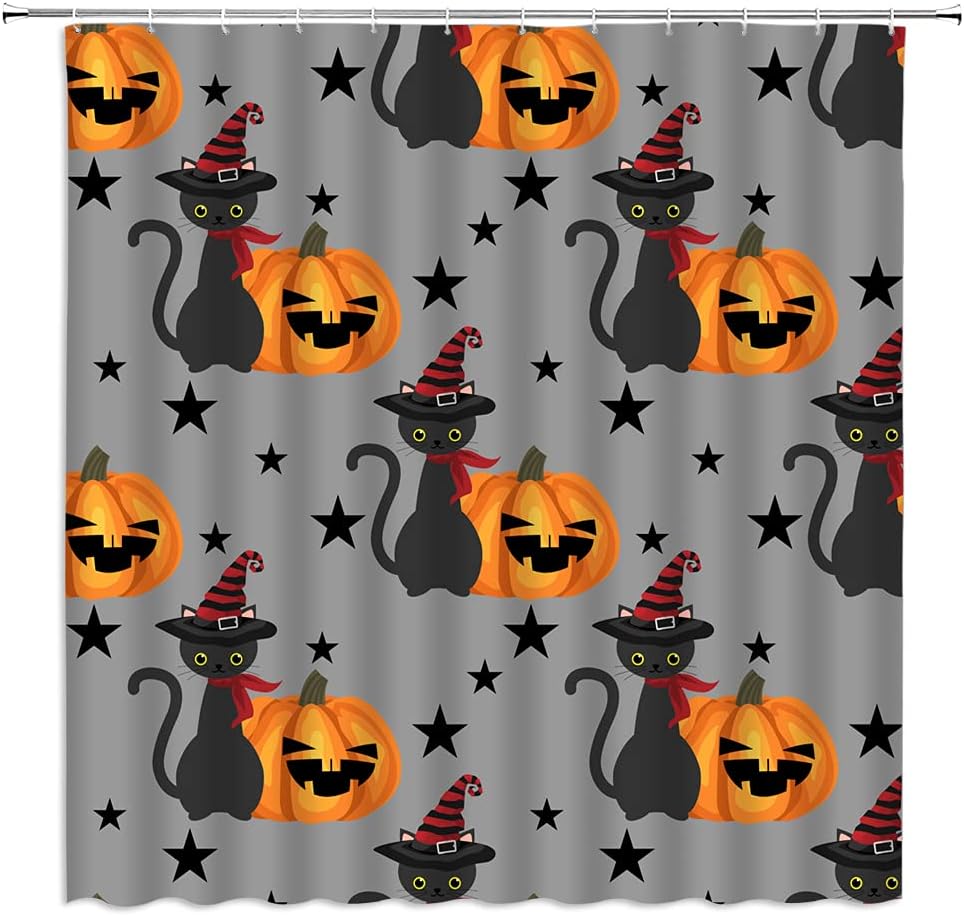 Halloween Black Cat Shower Curtain Spooky Orange Pumpkin Star Gray Halloween Gothic Holiday Fabric Bathroom Decor Curtain with Hooks